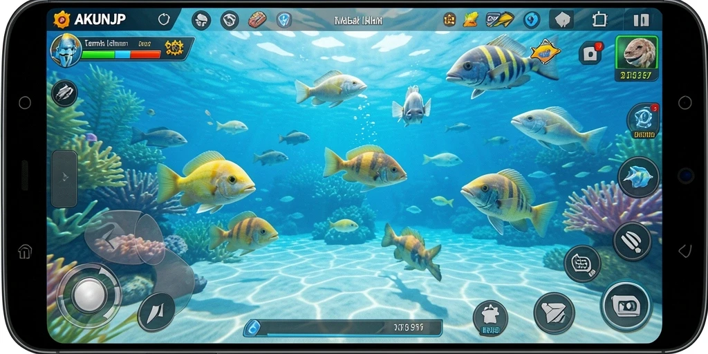 Tampilan gameplay AKUNJP yang seru dan interaktif dengan ikan beraneka ragam.