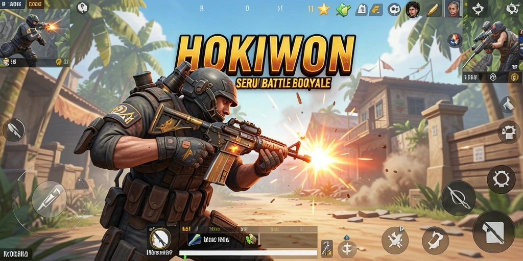 Gambaran gameplay mendebarkan di HOKIWON saat bertempur di arena Battle Royale.