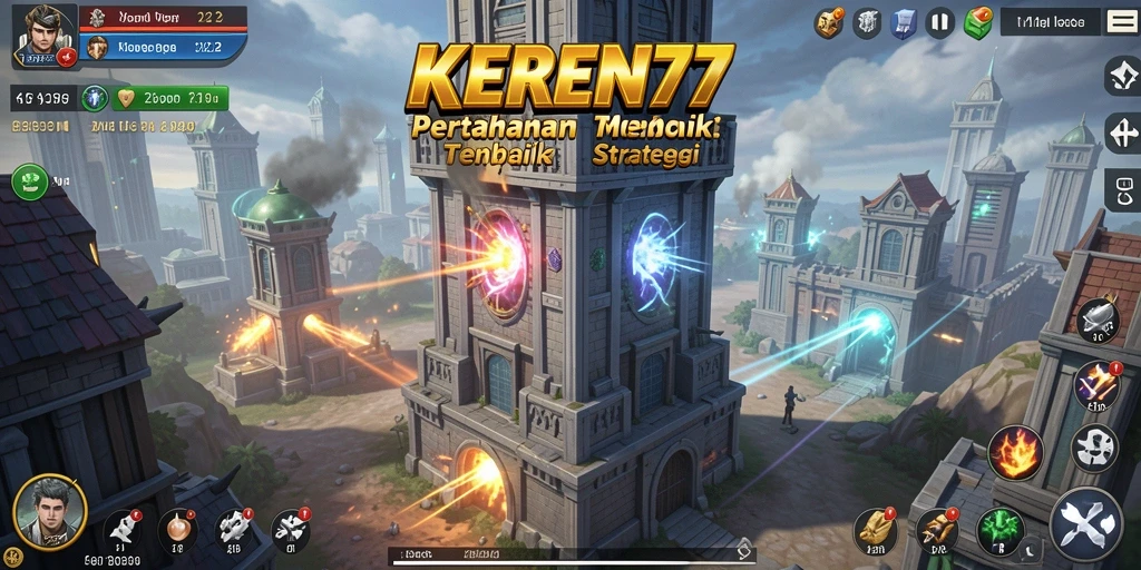 Screenshot gameplay KEREN77 menunjukkan aksi pertahanan menara yang intens.