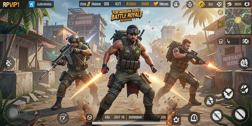 Tangkapan layar menampilkan aksi seru dalam pertempuran Battle Royale.