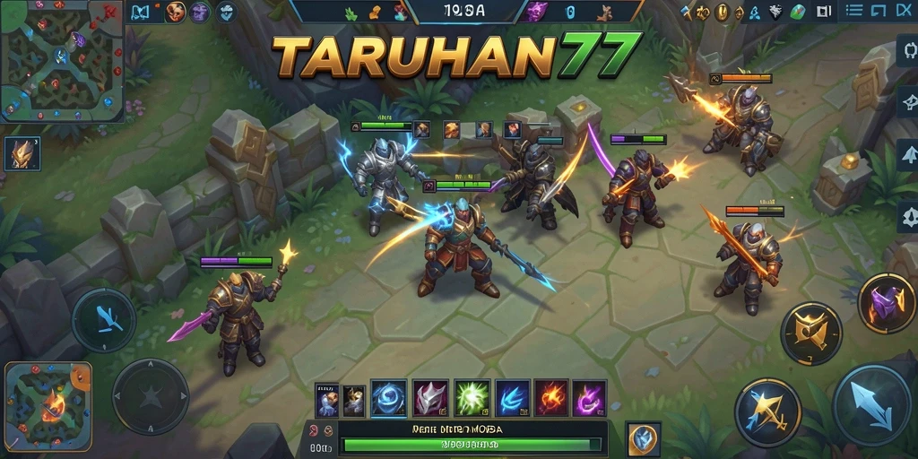 Tampilan gameplay seru dalam TARUHAN77, menampilkan pertempuran tim yang epik.